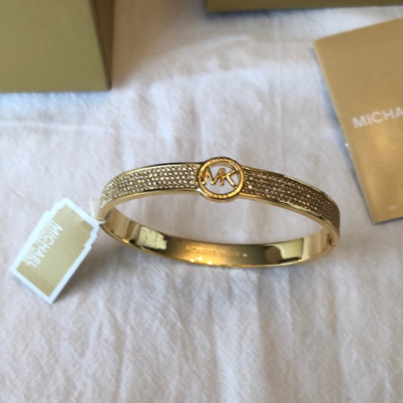 Michael Kors Polished Gold Plated Brass & Pave Crystals Logo Bangle NWT & Box - Picture 13 of 16